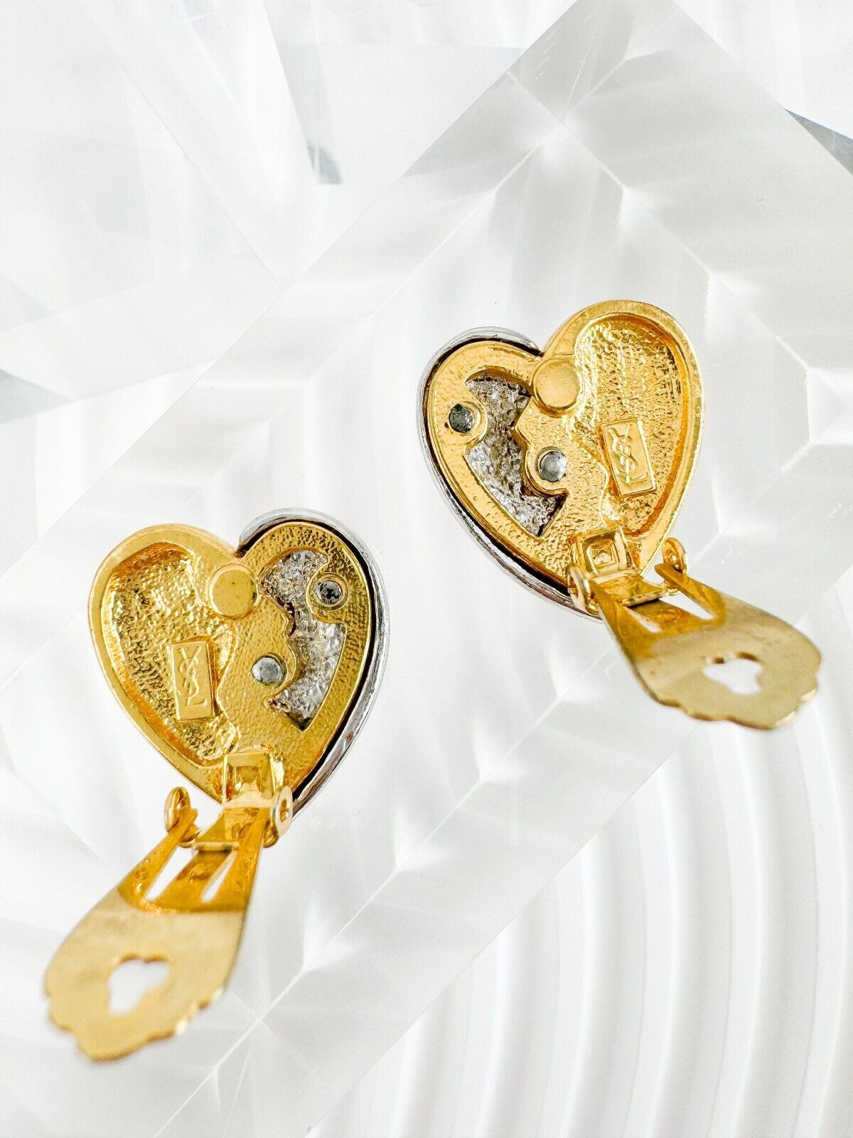 YSL Yves Saint Laurent Earrings Broken Heart, Beautiful Gold & Silver Broken Heart Earrings, Swarovski Crystals, Vintage Earrings Gold