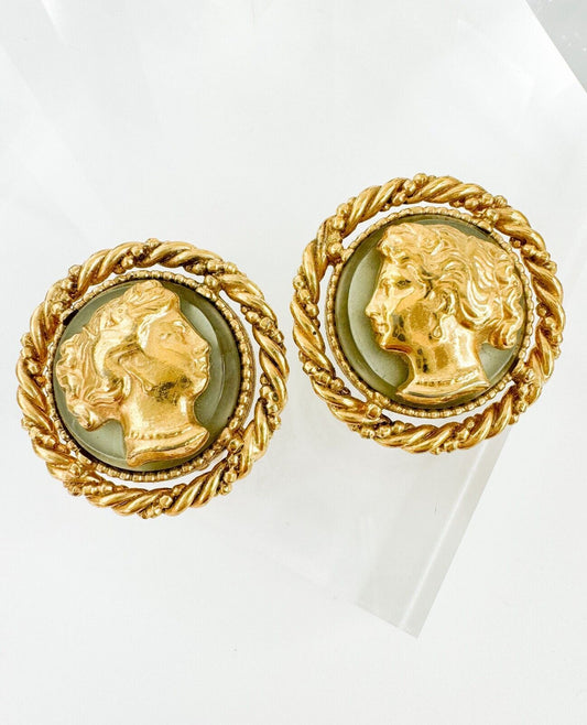 Vintage YSL Yves Saint Laurent Cameo Earrings, Gold Tone Earrings, Round Earrings, Vintage Rhinestone, Clip on Earrings, Jewelry for Women