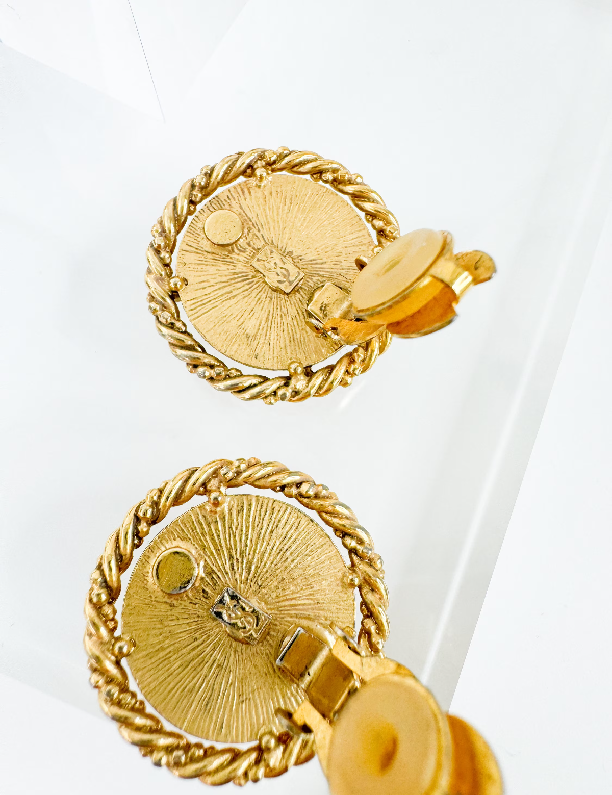 Vintage YSL Yves Saint Laurent Cameo Earrings, Gold Tone Earrings, Round Earrings, Vintage Rhinestone, Clip on Earrings, Jewelry for Women