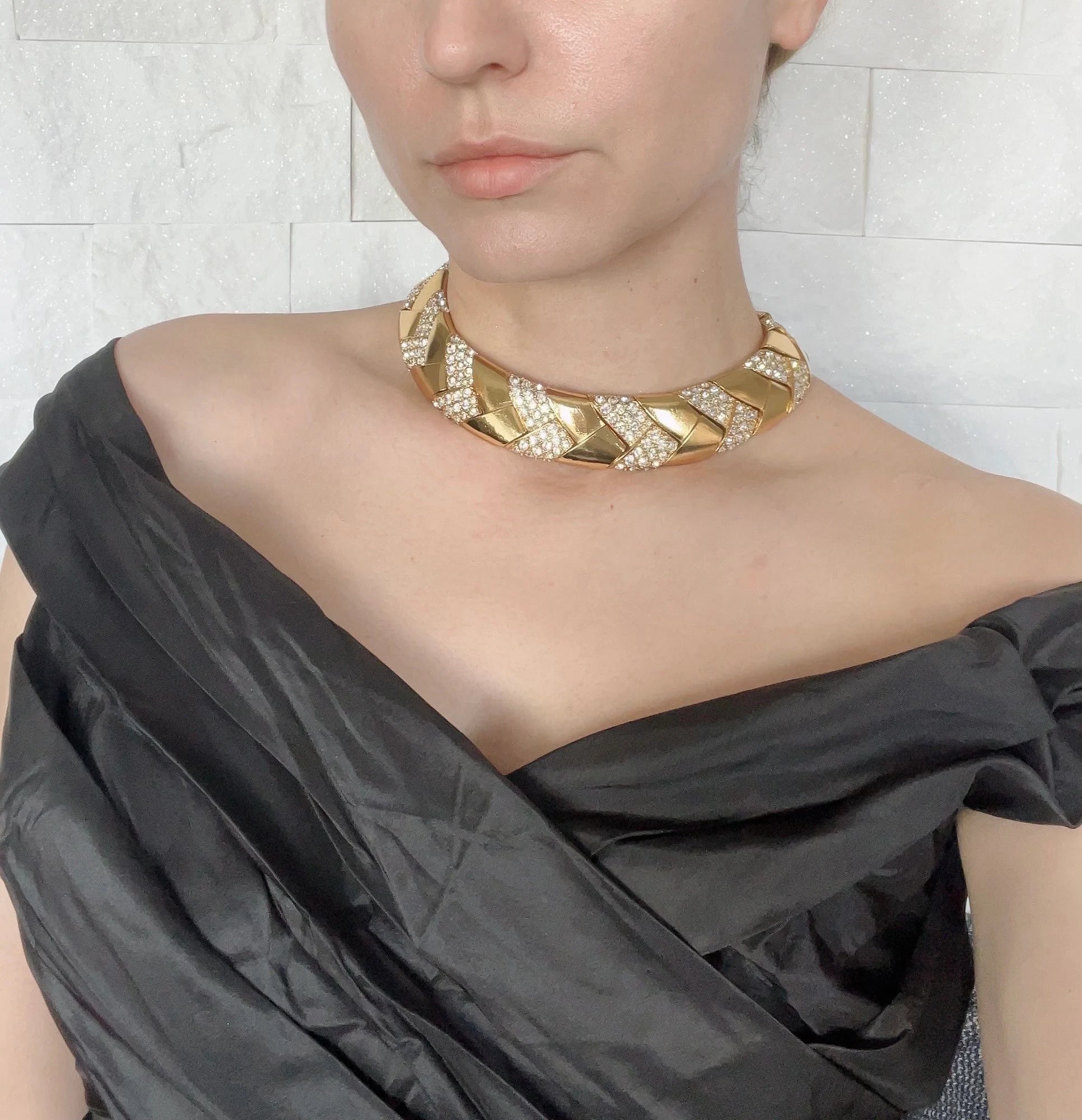 Yves Saint Laurent Gold Toggle Necklace Vintage Choker Gold Rhinestone, Rive Gauche Made in France, Vintage Bridal, Gift for her