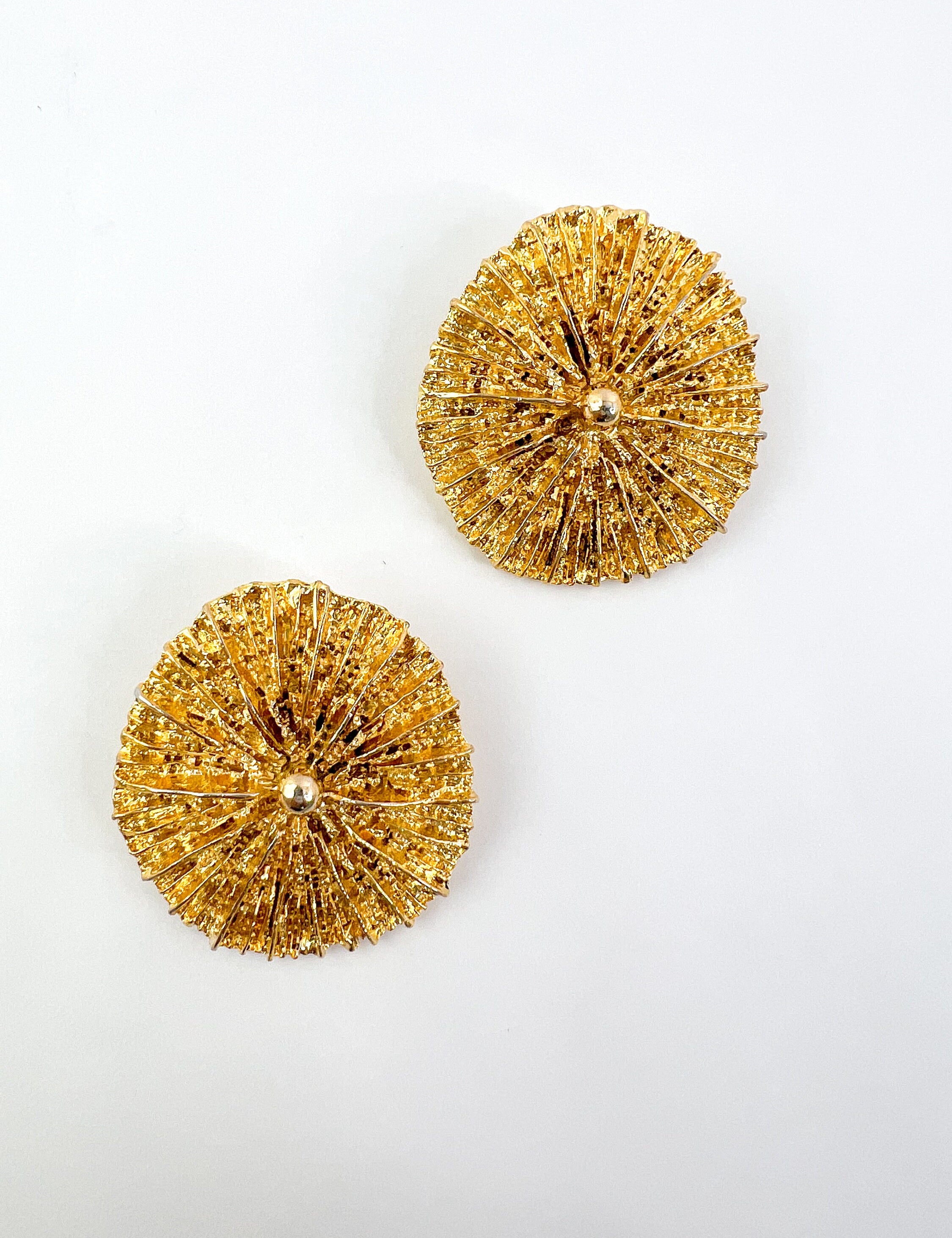 Vintage YSL Earrings, Yves Saint Laurent  Shell Clip-On Earrings ,Gold Tone Earrings, YSL Sea Urchin earrings , unique earrings ,YSL jewelry