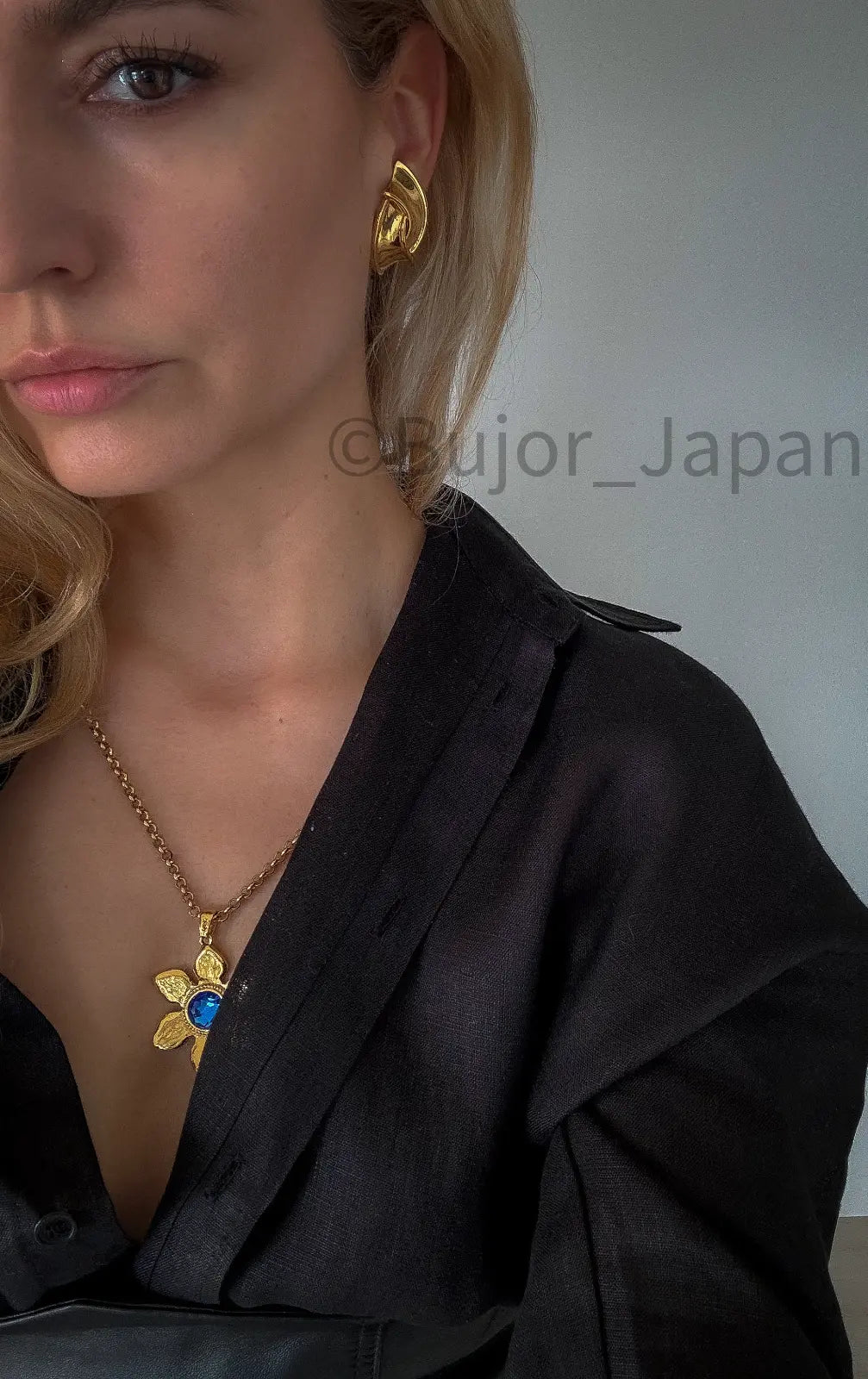 YSL Necklace, Yves Saint Laurent Vintage Necklace, Gold Tone Flower necklace, Sapphire necklace Floral Pendant Glass Opera Necklace Vintage
