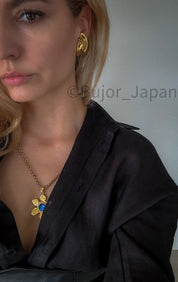 YSL Necklace, Yves Saint Laurent Vintage Necklace, Gold Tone Flower necklace, Sapphire necklace Floral Pendant Glass Opera Necklace Vintage