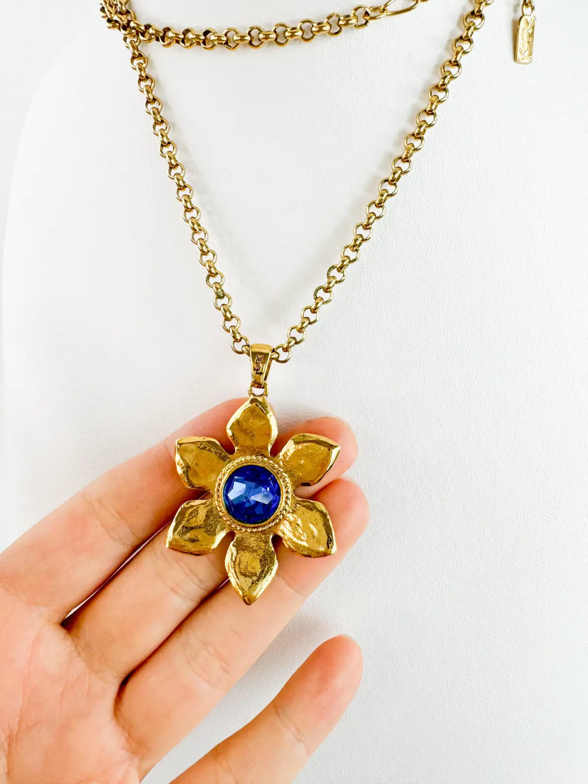 YSL Necklace, Yves Saint Laurent Vintage Necklace, Gold Tone Flower necklace, Sapphire necklace Floral Pendant Glass Opera Necklace Vintage