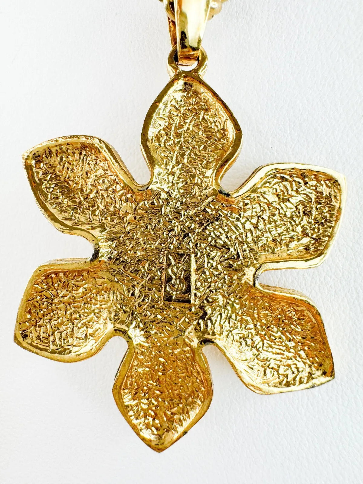 YSL Necklace, Yves Saint Laurent Vintage Necklace, Gold Tone Flower necklace, Sapphire necklace Floral Pendant Glass Opera Necklace Vintage