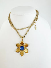 YSL Necklace, Yves Saint Laurent Vintage Necklace, Gold Tone Flower necklace, Sapphire necklace Floral Pendant Glass Opera Necklace Vintage