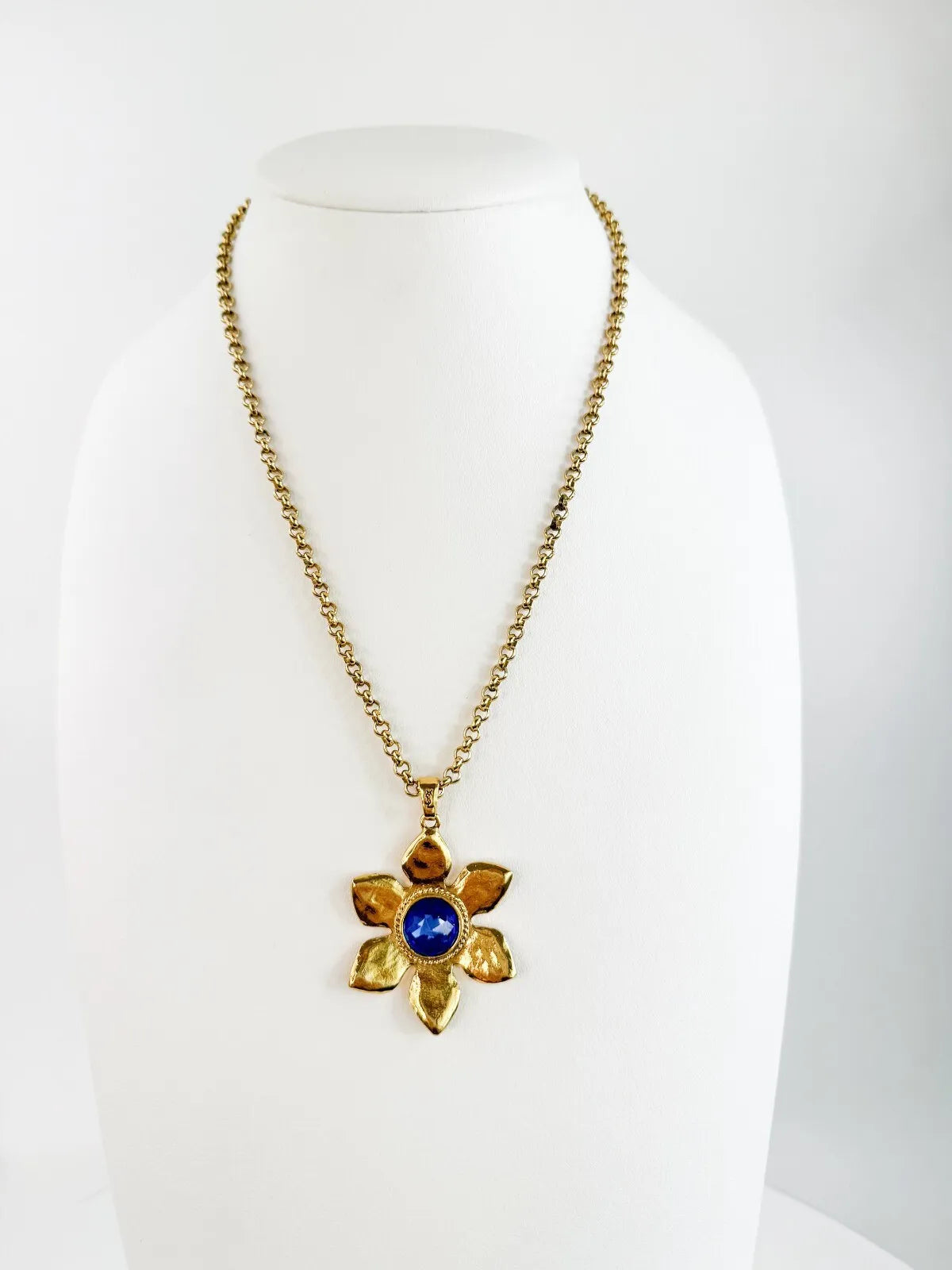 YSL Necklace, Yves Saint Laurent Vintage Necklace, Gold Tone Flower necklace, Sapphire necklace Floral Pendant Glass Opera Necklace Vintage