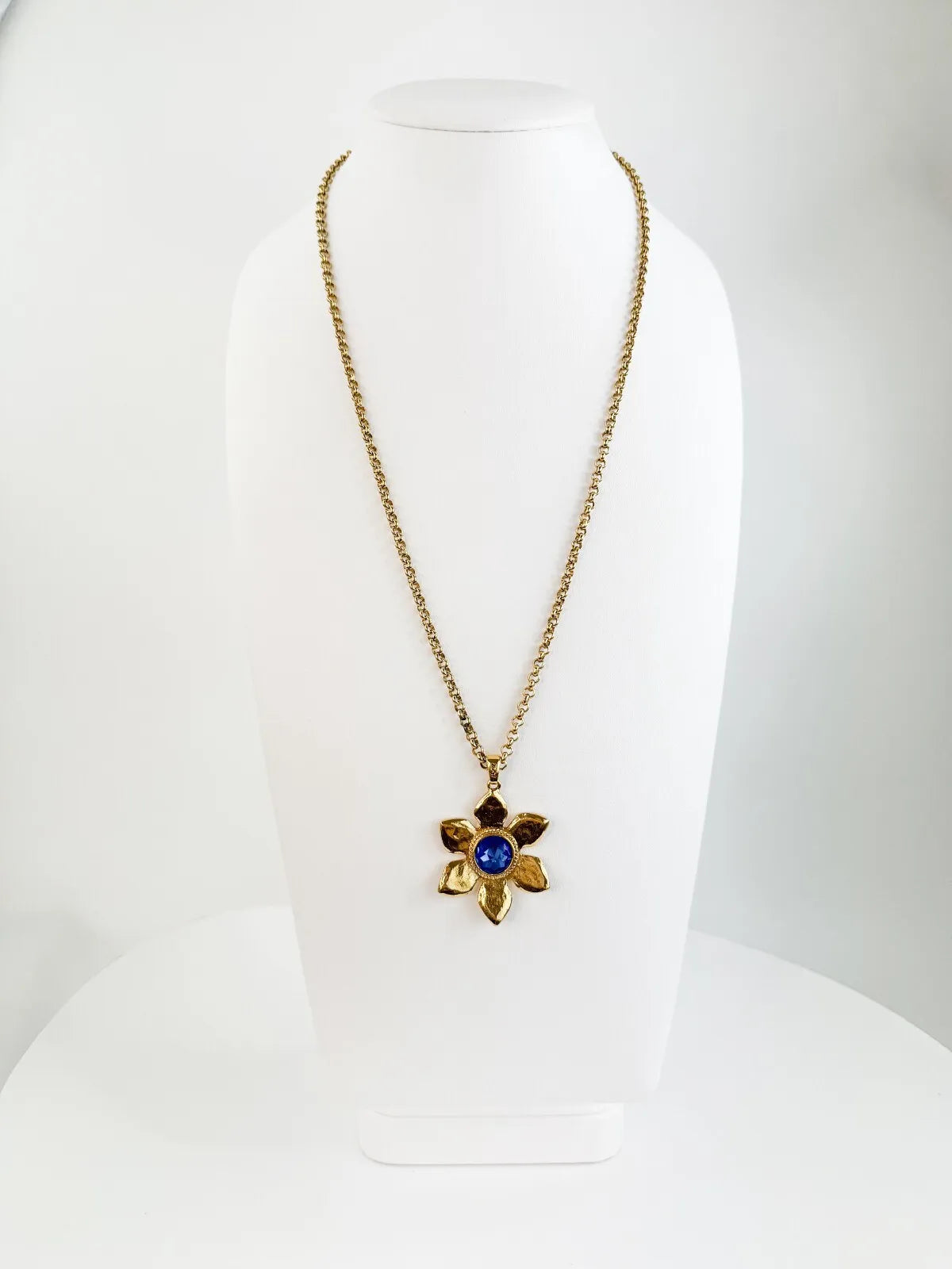 YSL Necklace, Yves Saint Laurent Vintage Necklace, Gold Tone Flower necklace, Sapphire necklace Floral Pendant Glass Opera Necklace Vintage