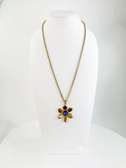 YSL Necklace, Yves Saint Laurent Vintage Necklace, Gold Tone Flower necklace, Sapphire necklace Floral Pendant Glass Opera Necklace Vintage
