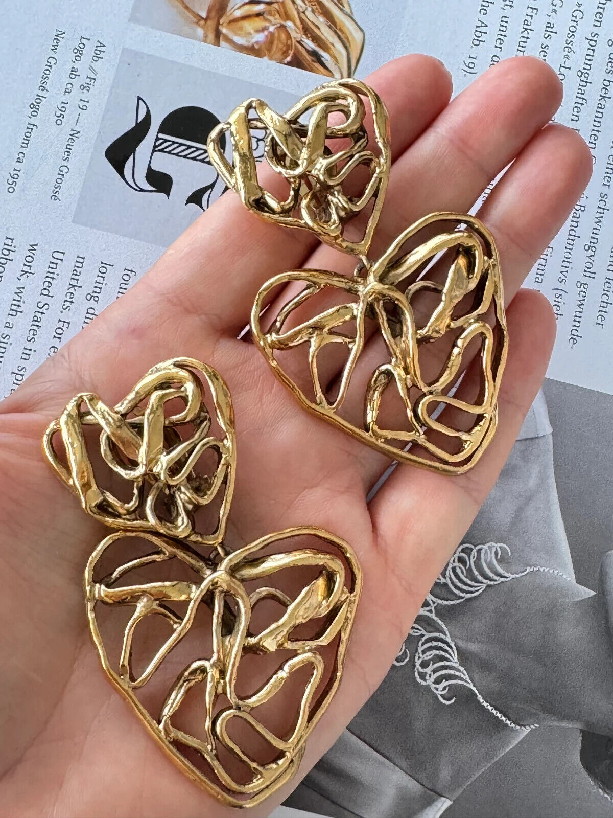 Vintage YSL Yves Saint Laurent Earrings, Made in France, Gold Tone Earrings, Openwork Dangle Earrings, Heart  Earrings, Jewelry for Women