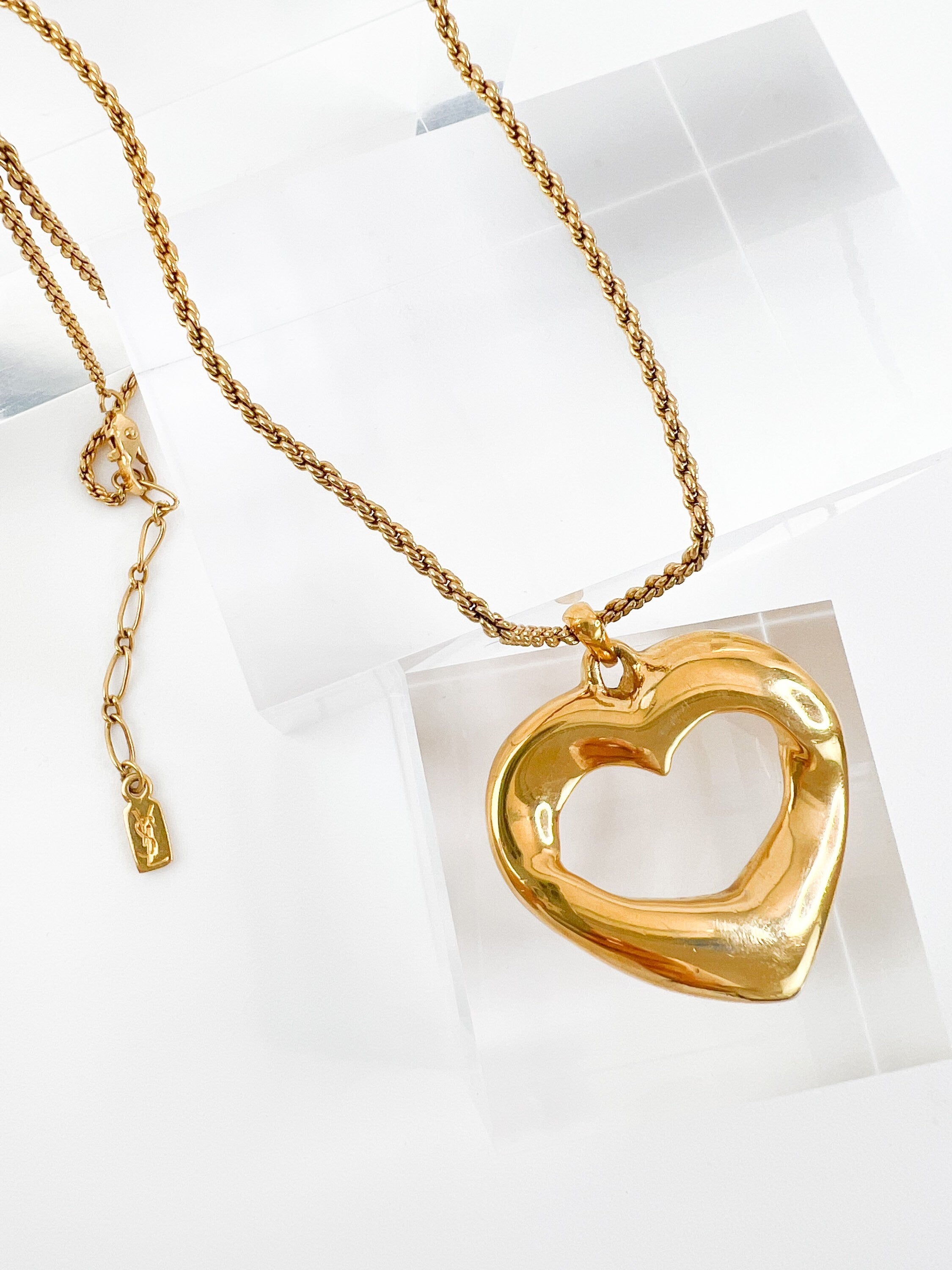 Vintage YSL Yves Saint Laurent Necklace, Pendant Necklace Gold, Openwork Heart Necklace, Vintage Necklace Gold, Jewelry for Women