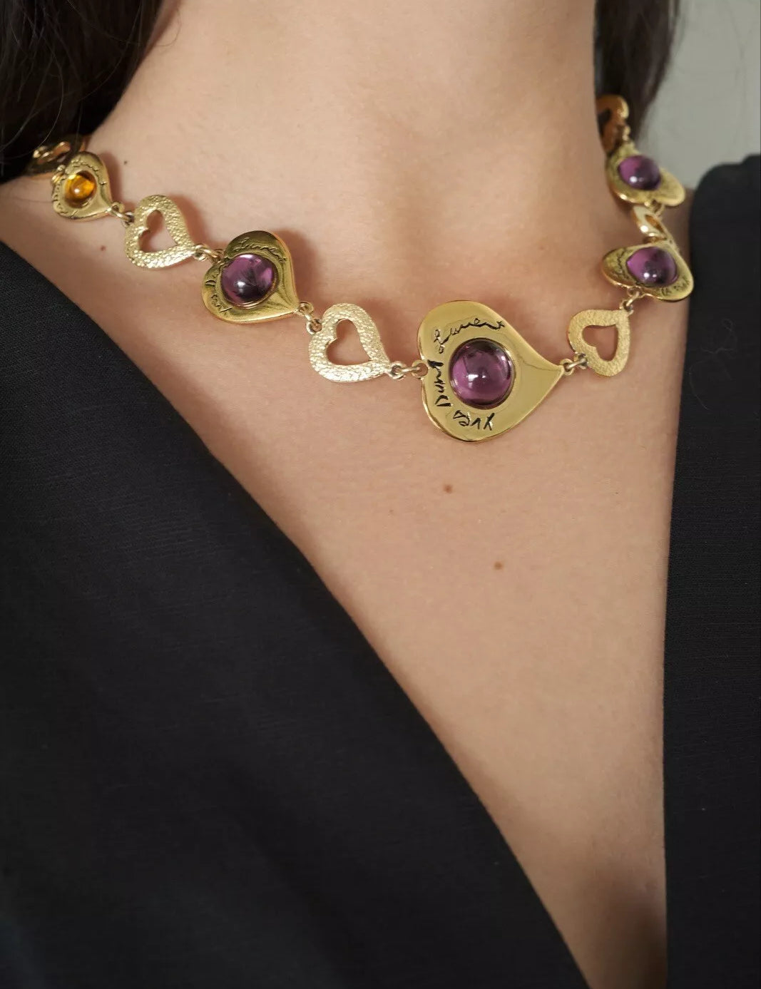 Vintage YSL Necklace, Yves Saint Laurent Vintage Necklace, Cabochon Necklace, Choker Necklace, Gold Tone Necklace Rhinestone Jewelry Gift