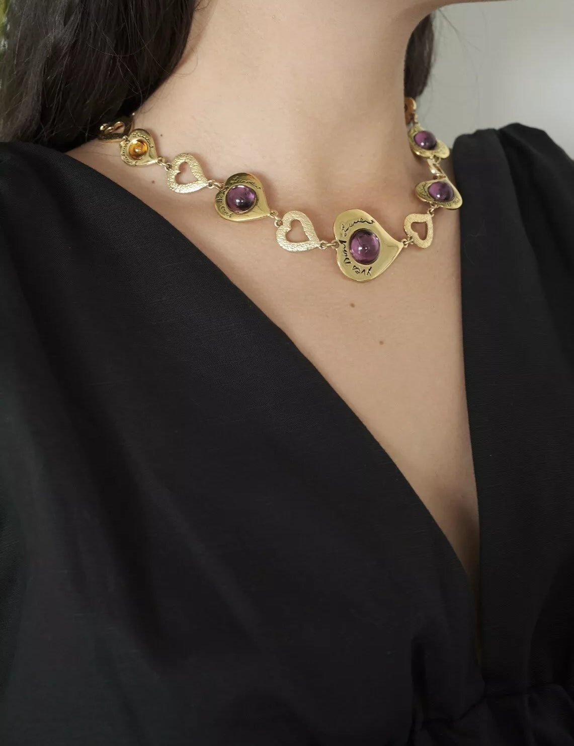Vintage YSL Necklace, Yves Saint Laurent Vintage Necklace, Cabochon Necklace, Choker Necklace, Gold Tone Necklace Rhinestone Jewelry Gift