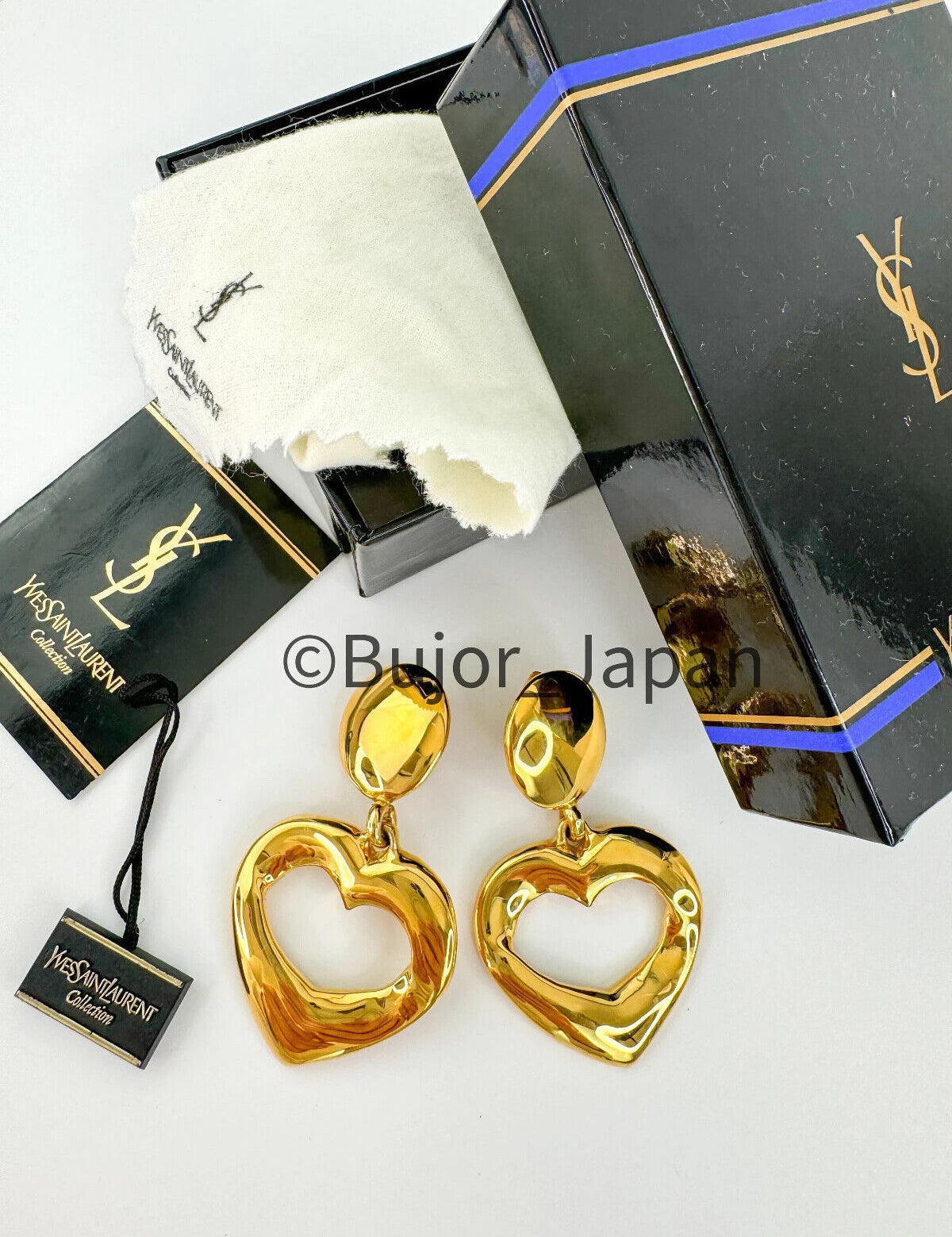 Yves Saint Laurent Heart Earrings  1990’s YSL Earrings Vintage Gold Tone Heart Openwork Earrings, Earrings Large, YSL Original Box Cards