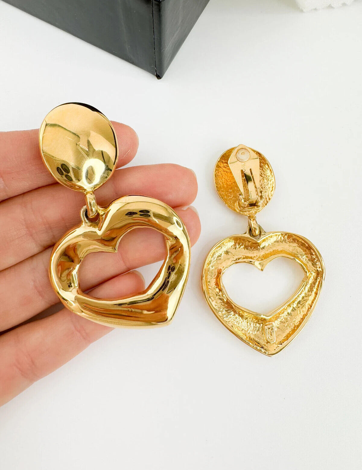 Yves Saint Laurent Heart Earrings  1990’s YSL Earrings Vintage Gold Tone Heart Openwork Earrings, Earrings Large, YSL Original Box Cards