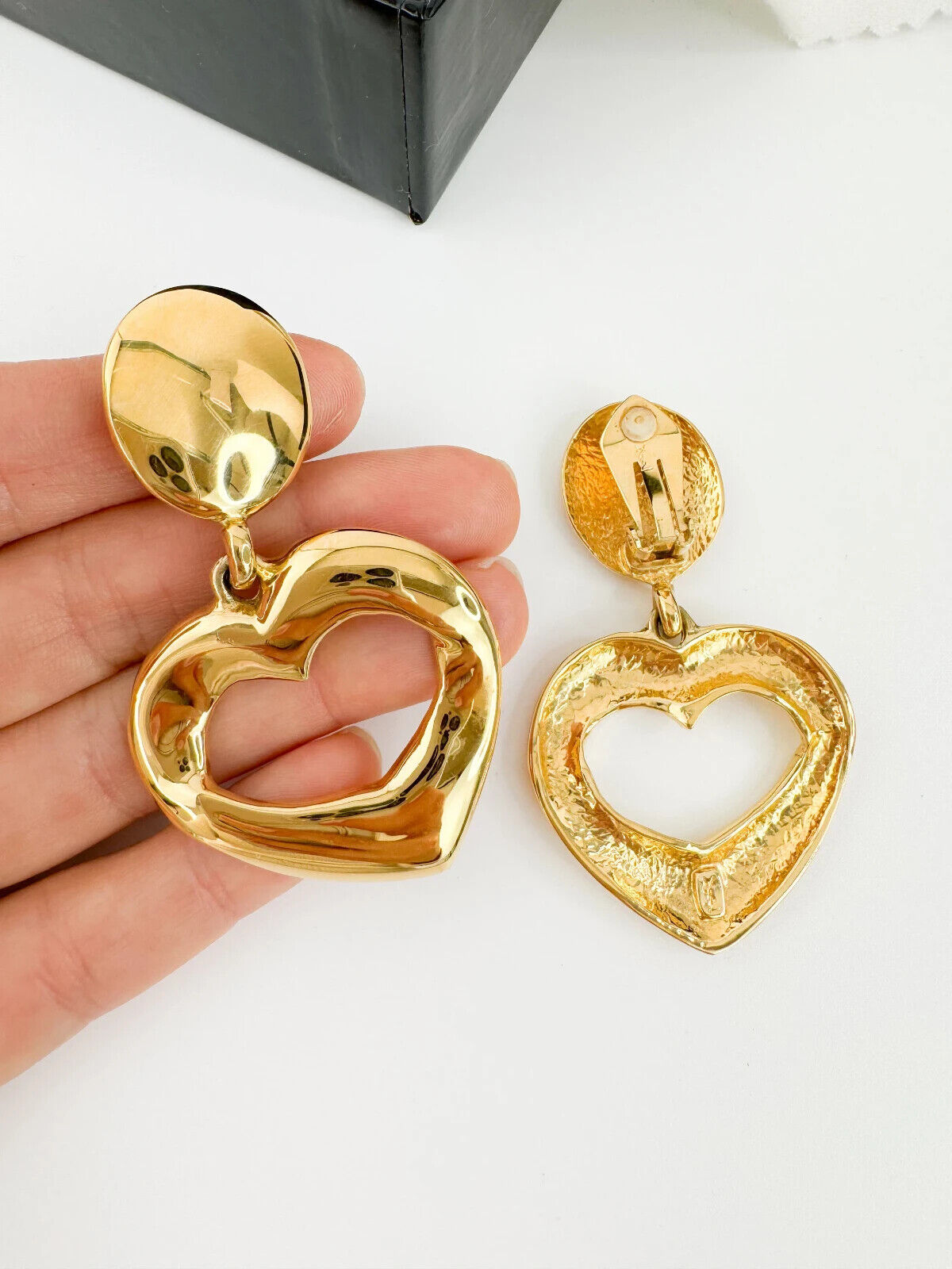 Yves Saint Laurent Heart Earrings  1990’s YSL Earrings Vintage Gold Tone Heart Openwork Earrings, Earrings Large, YSL Original Box Cards