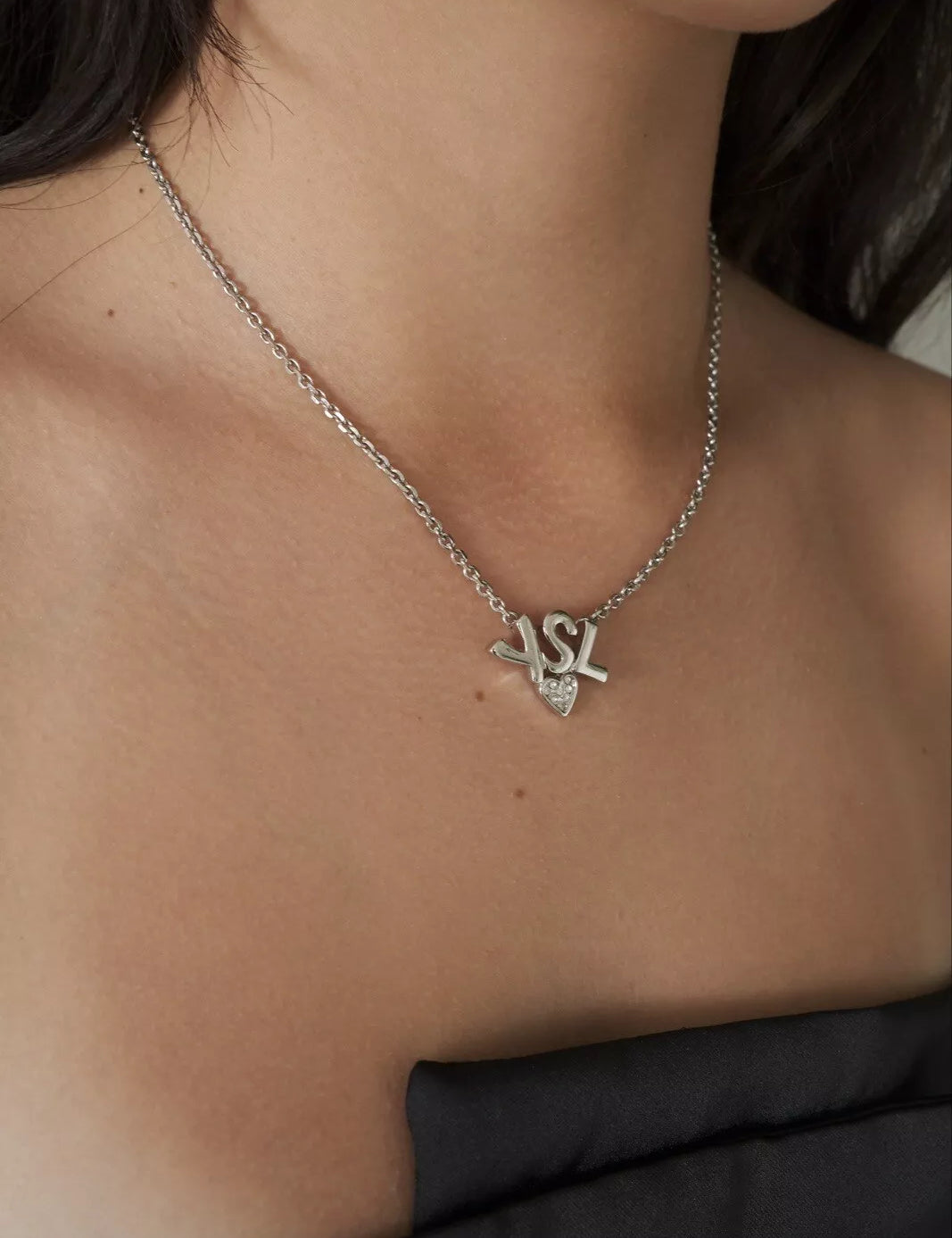 Yves Saint Laurent Silver YSL Vintage Necklace, Logo Heart Rhinestone Pendant Necklace Vintage Necklace, Dainty Necklace, Gift for women