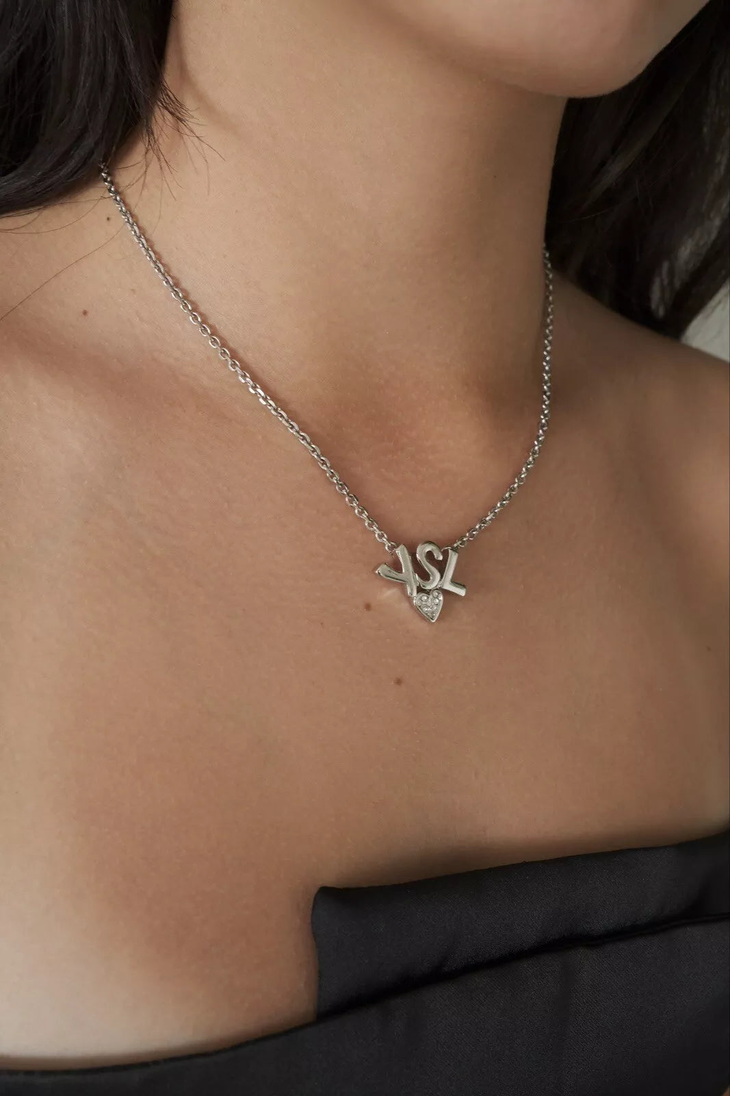 Yves Saint Laurent Silver YSL Vintage Necklace, Logo Heart Rhinestone Pendant Necklace Vintage Necklace, Dainty Necklace, Gift for women