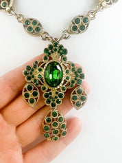 Yves Saint Laurent Necklace, Vintage YSL Necklace, Emerald green long Necklace, costume necklace, Necklace cross, Bridal Necklace