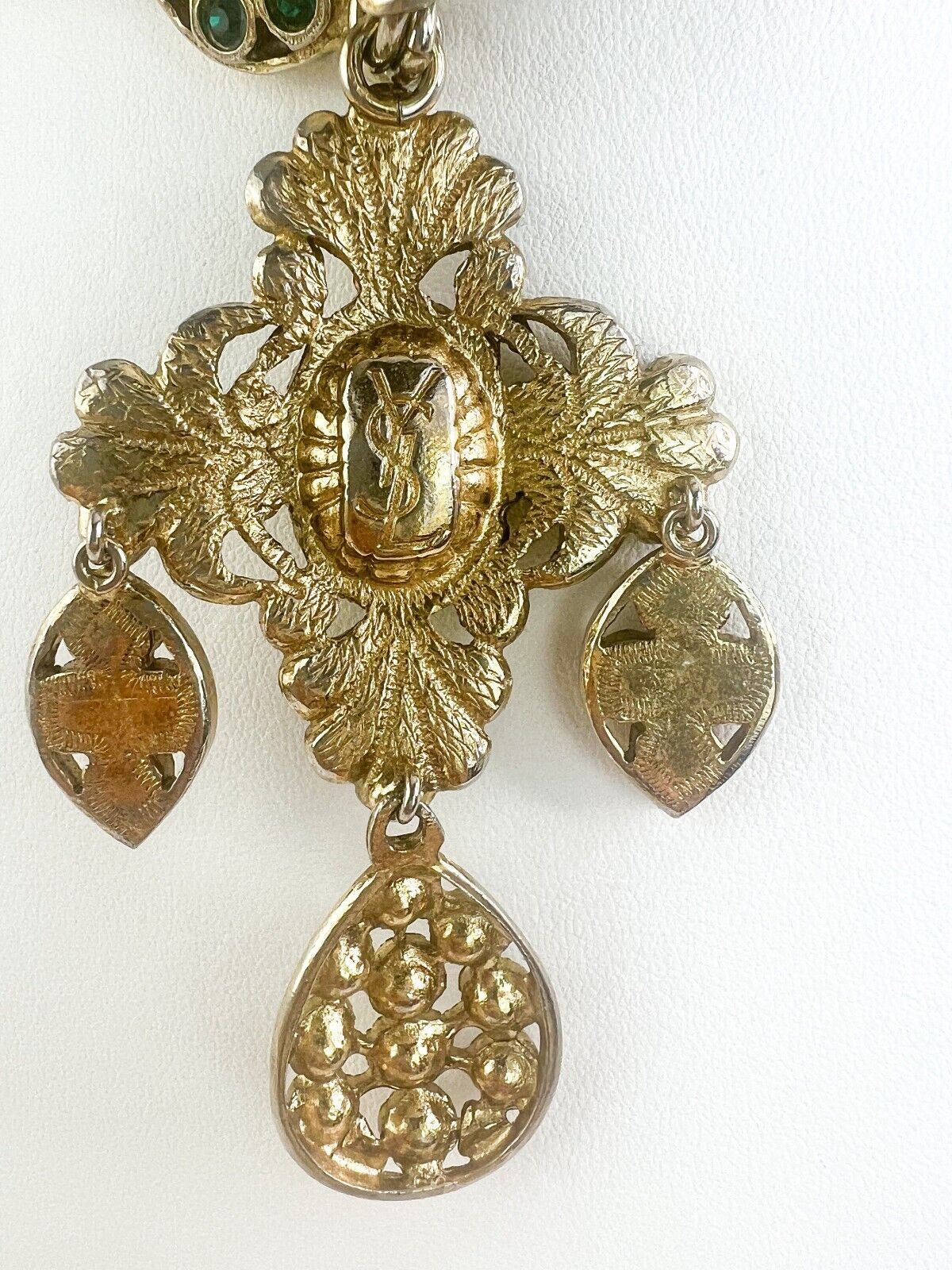 Yves Saint Laurent Necklace, Vintage YSL Necklace, Emerald green long Necklace, costume necklace, Necklace cross, Bridal Necklace