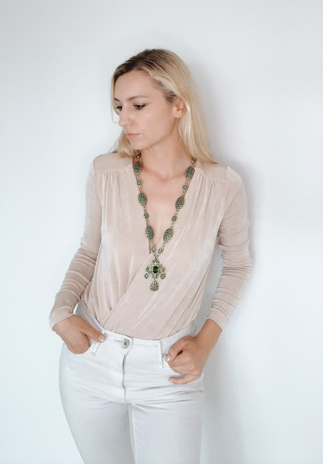 Yves Saint Laurent Necklace, Vintage YSL Necklace, Emerald green long Necklace, costume necklace, Necklace cross, Bridal Necklace