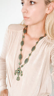 Yves Saint Laurent Necklace, Vintage YSL Necklace, Emerald green long Necklace, costume necklace, Necklace cross, Bridal Necklace