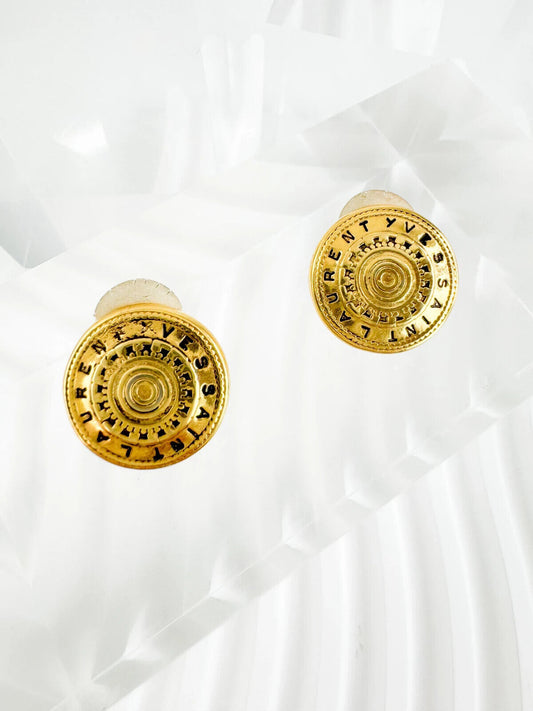 YSL Earrings. Yves Saint Laurent Earrings Gold, Script Logo Gold Tone Medallion Earrings Vintage, Women Jewelry, Minimalist Earrings