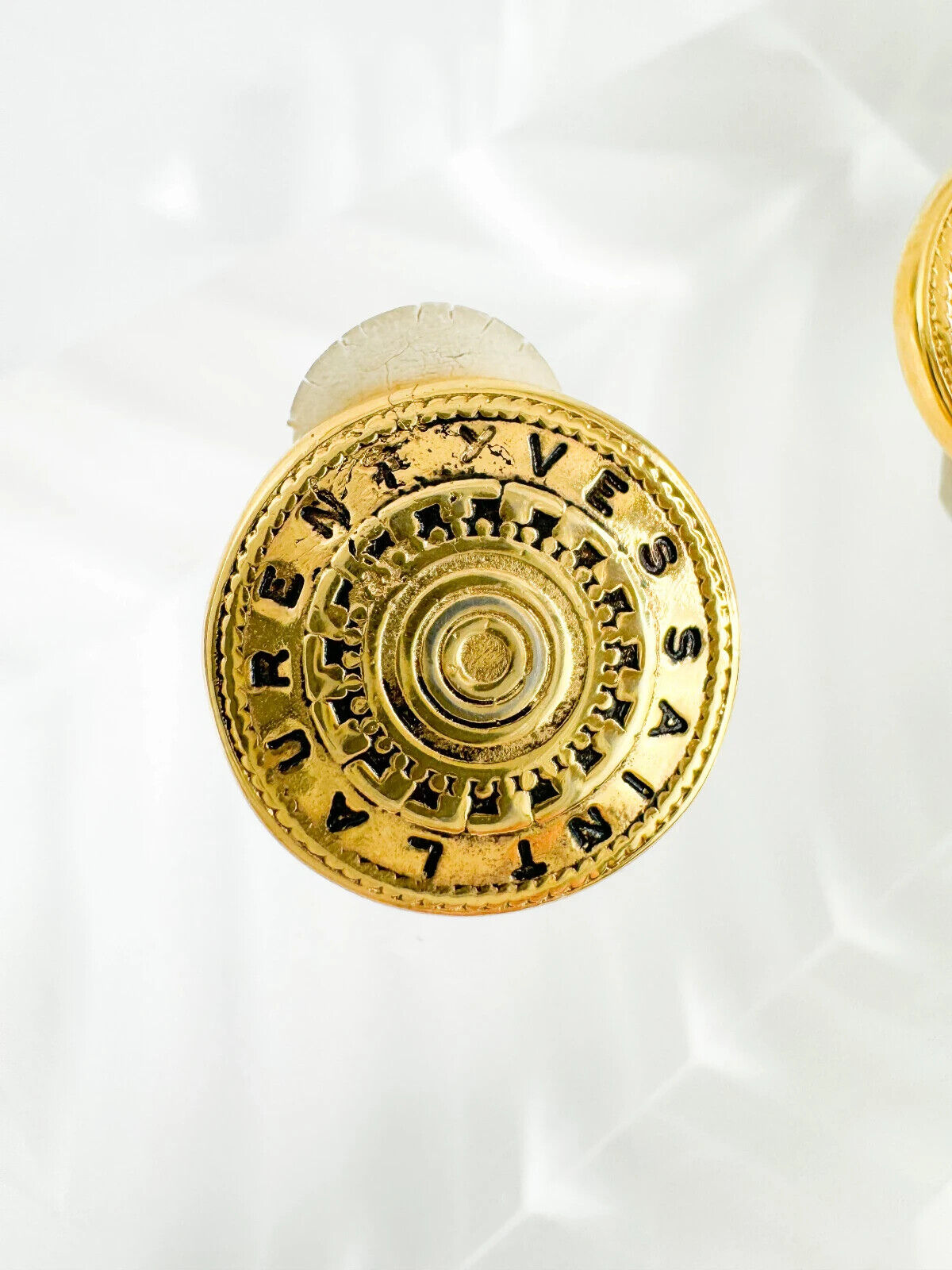 YSL Earrings. Yves Saint Laurent Earrings Gold, Script Logo Gold Tone Medallion Earrings Vintage, Women Jewelry, Minimalist Earrings