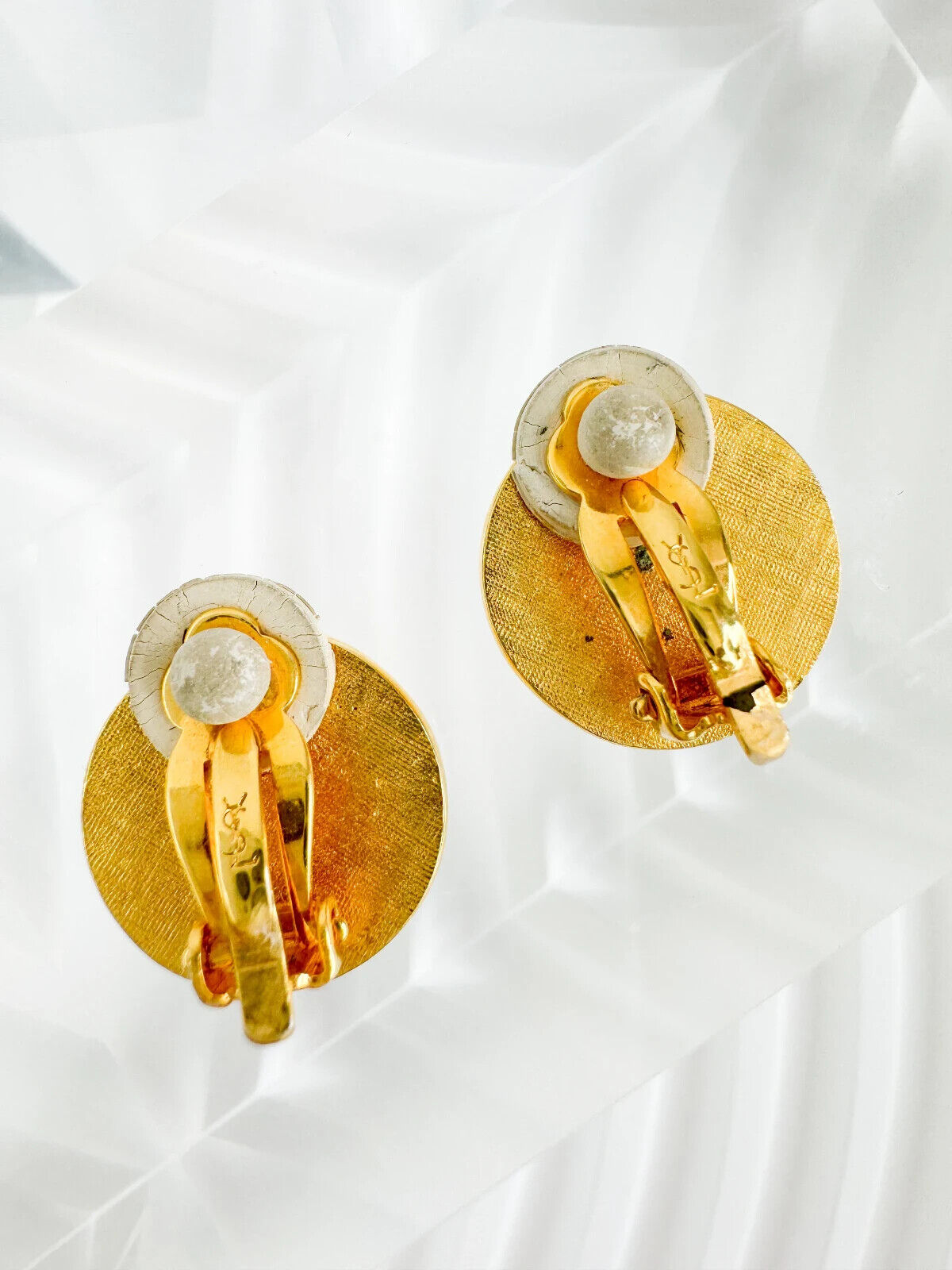 YSL Earrings. Yves Saint Laurent Earrings Gold, Script Logo Gold Tone Medallion Earrings Vintage, Women Jewelry, Minimalist Earrings