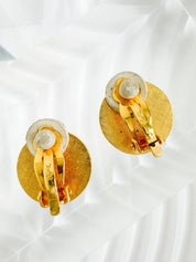 YSL Earrings. Yves Saint Laurent Earrings Gold, Script Logo Gold Tone Medallion Earrings Vintage, Women Jewelry, Minimalist Earrings