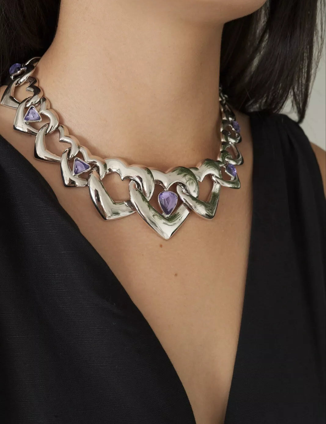 Vintage YSL, Vintage Yves Saint Laurent, Vintage Necklace, Silver Tone Necklace Heart, Purple Poured Resin, Vintage Rhinestone, Gift for her