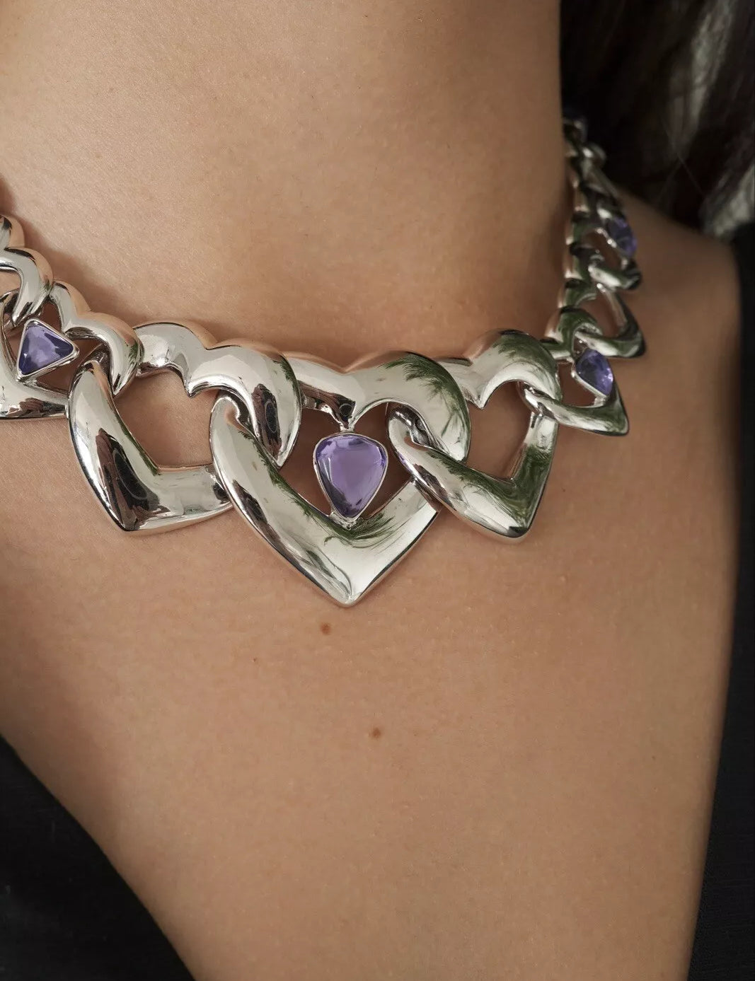 Vintage YSL, Vintage Yves Saint Laurent, Vintage Necklace, Silver Tone Necklace Heart, Purple Poured Resin, Vintage Rhinestone, Gift for her