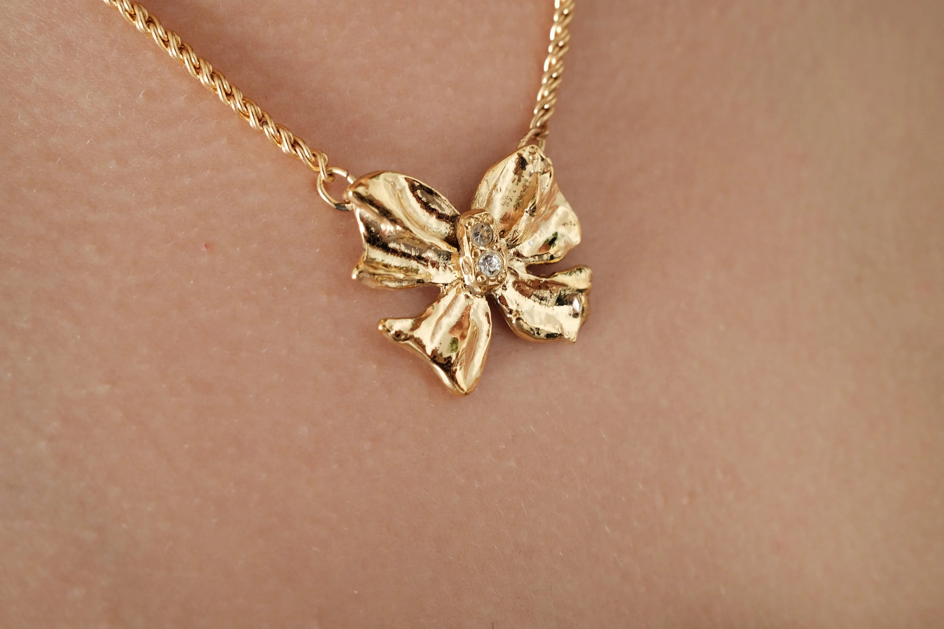 Vintage YSL Necklace, Yves Saint Laurent Ribbon Necklace Bow , YSL Pendant Necklace  Vintage Rhinestone, Gold Tone Necklace, Gift  for her