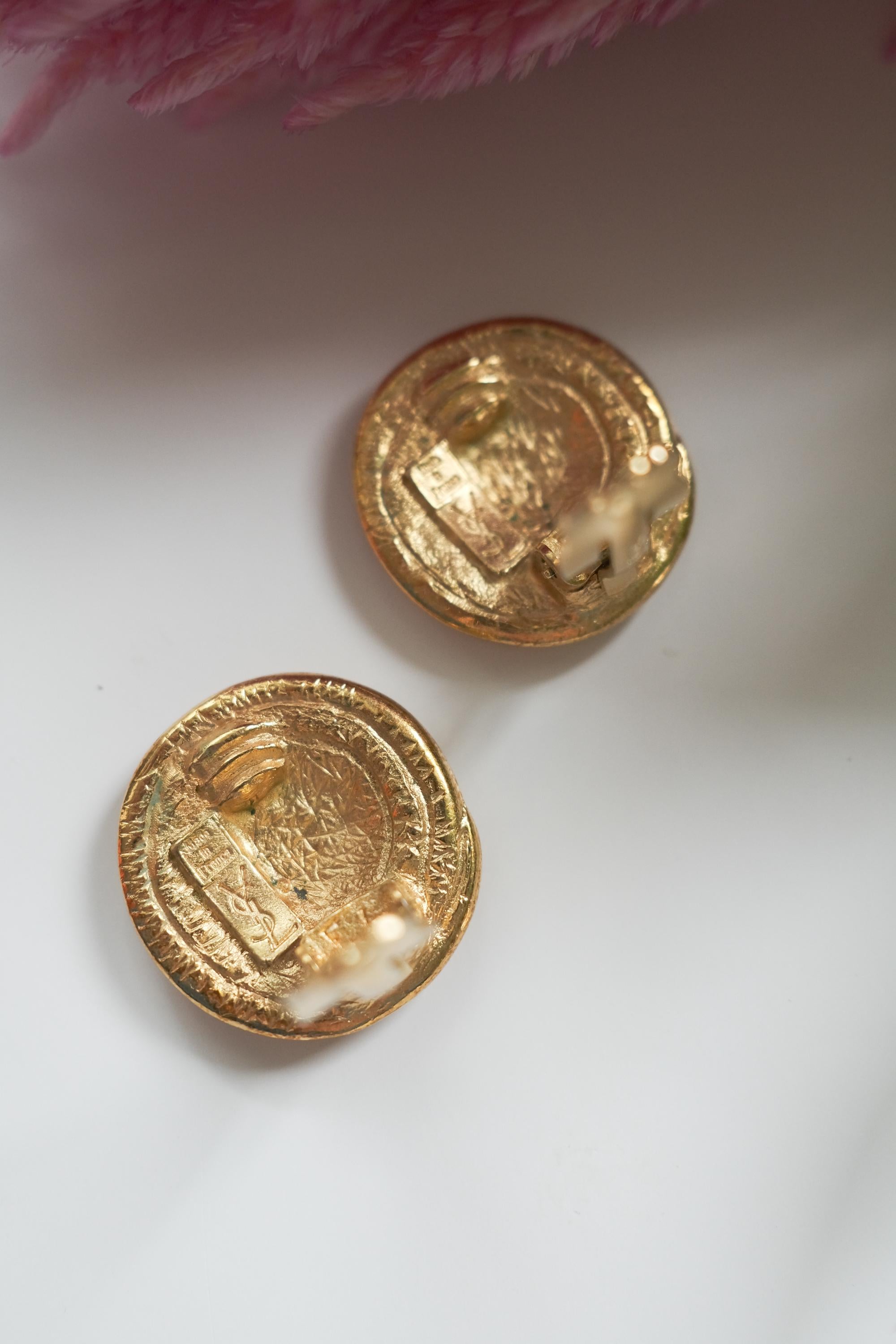 Vintage YSL Yves Saint Laurent Earrings, Gold Tone Round Earrings, Bridal earrings, Clip-on Earrings, Earrings large gold, Made in France