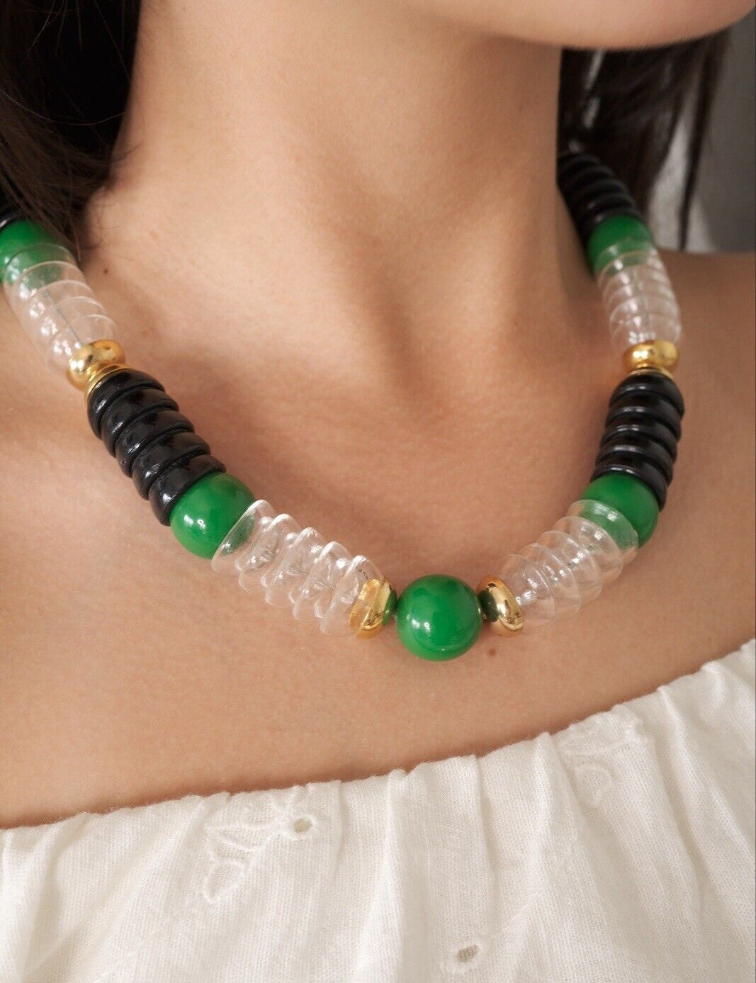 Vintage YSL Necklace, Yves Saint Laurent, Gold Tone Necklace, Link Necklace, Emerald Green Black Color, Gift for Her, Jewelry for Women