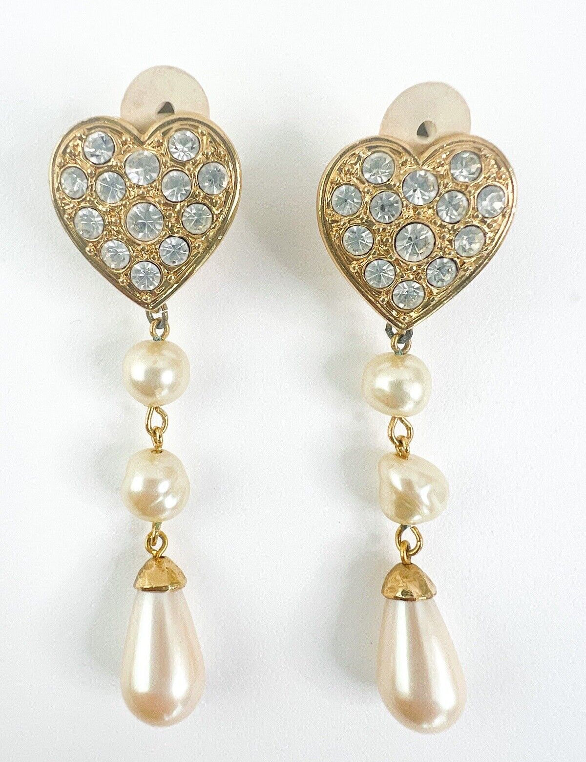 Vintage YSL Yves Saint Laurent  earrings, Earrings Dangle Gold, Earrings heart pearl, Heart Drop Dangling Earrings, Vintage Rhinestone