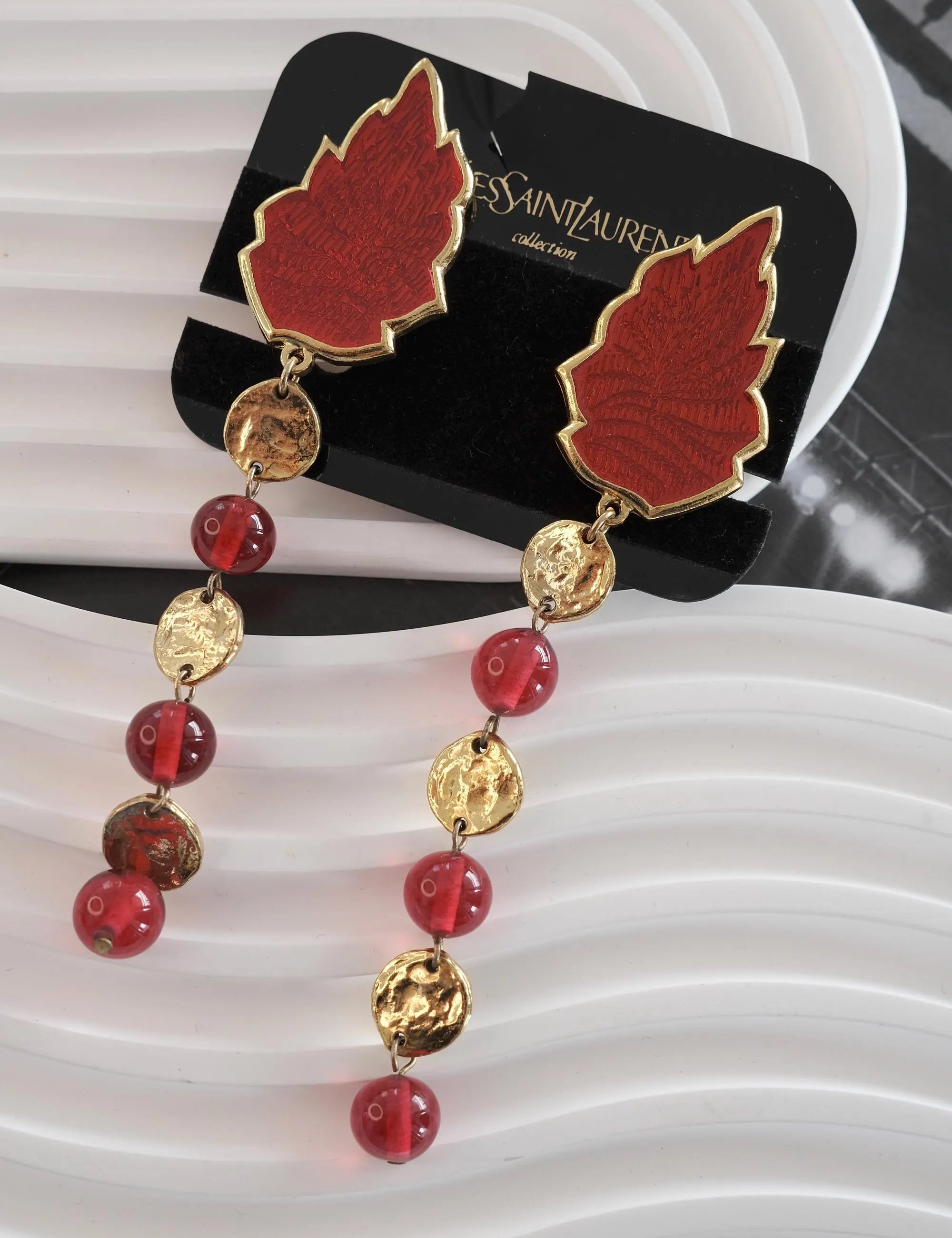 YSL earrings ,Yves Saint Laurent Earrings, Leaf Motif Long Earrings, YSL vintage Earrings, YSL rare  Earrings, Jewelry for Women