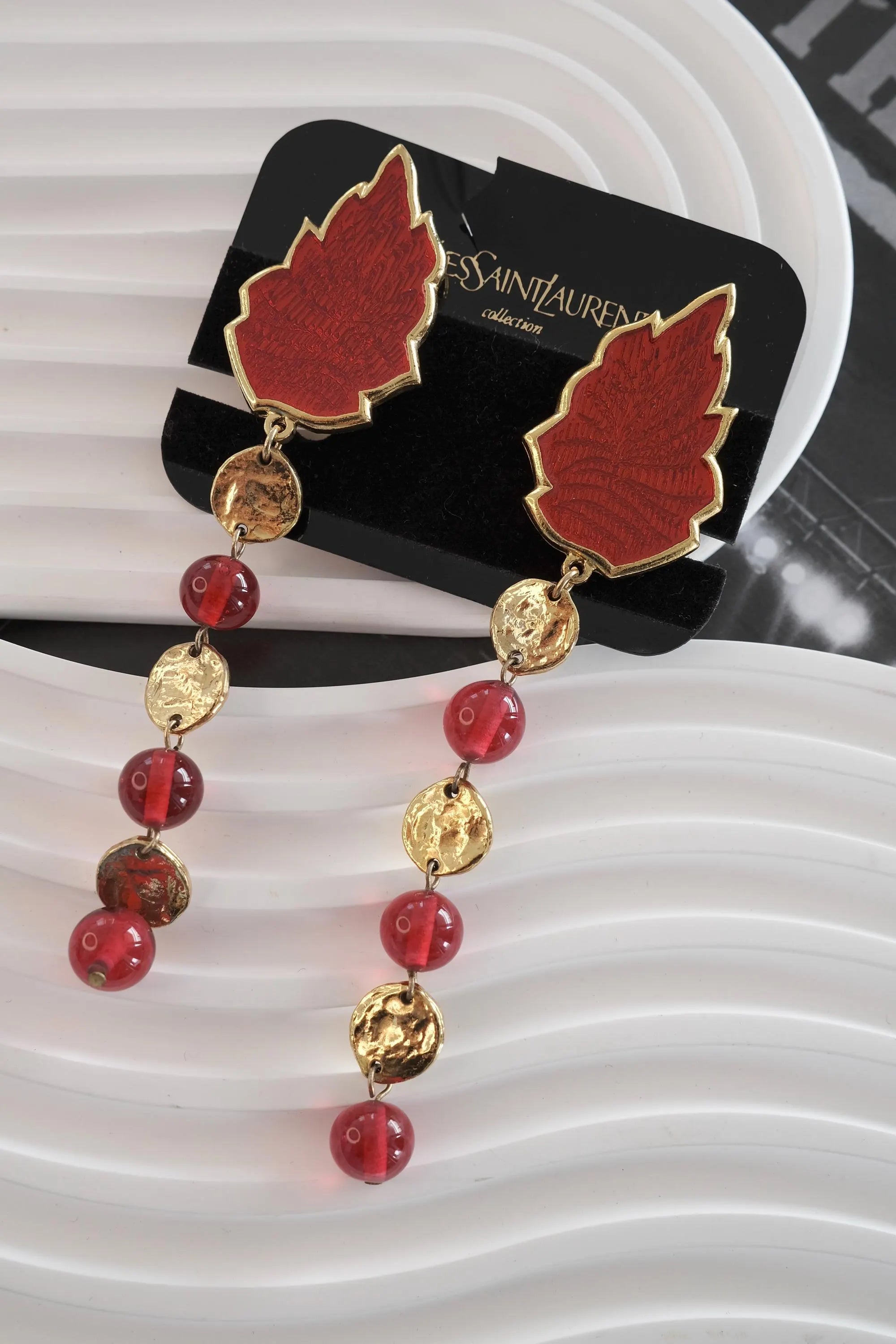 YSL earrings ,Yves Saint Laurent Earrings, Leaf Motif Long Earrings, YSL vintage Earrings, YSL rare  Earrings, Jewelry for Women
