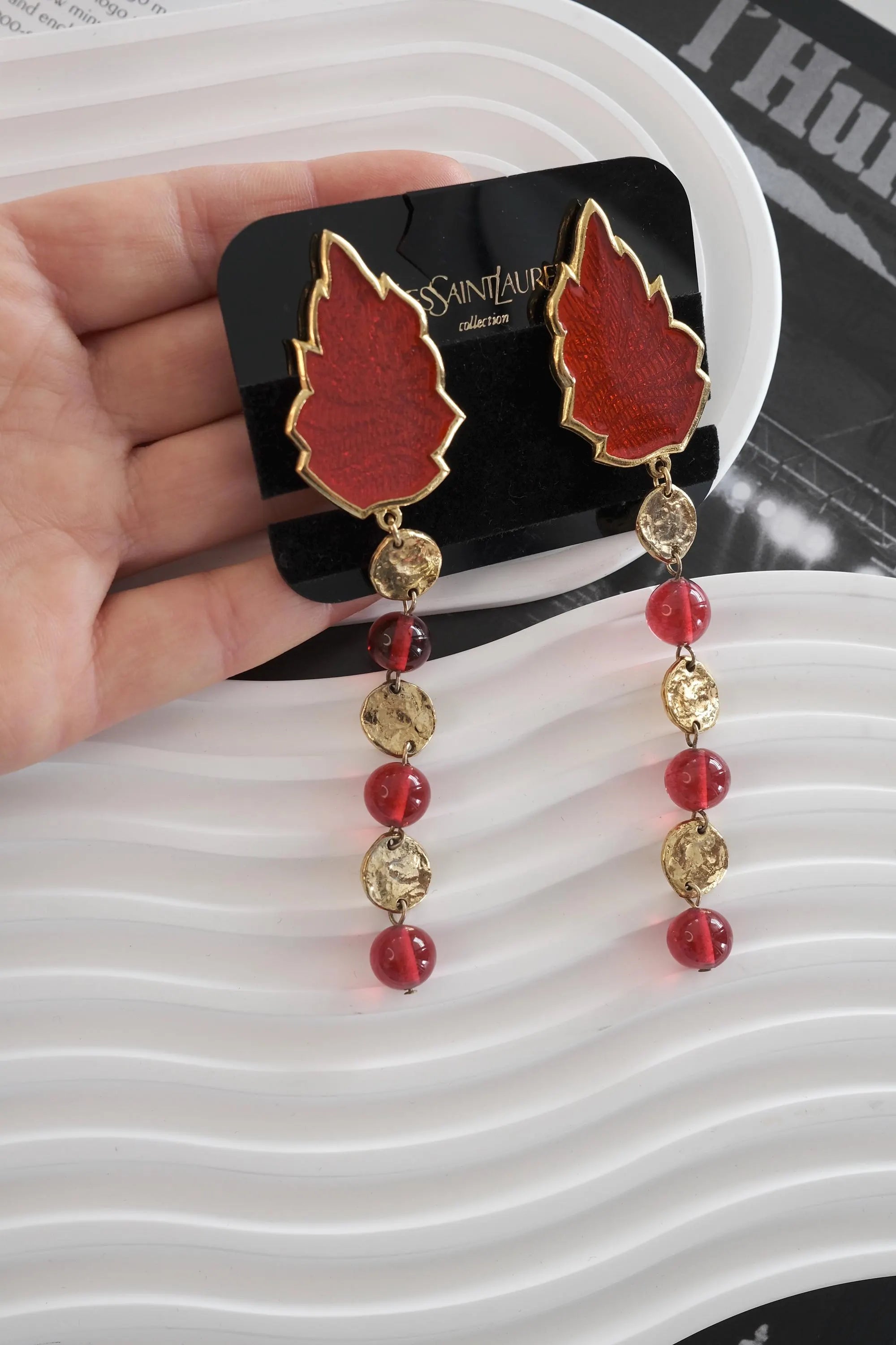 YSL earrings ,Yves Saint Laurent Earrings, Leaf Motif Long Earrings, YSL vintage Earrings, YSL rare  Earrings, Jewelry for Women