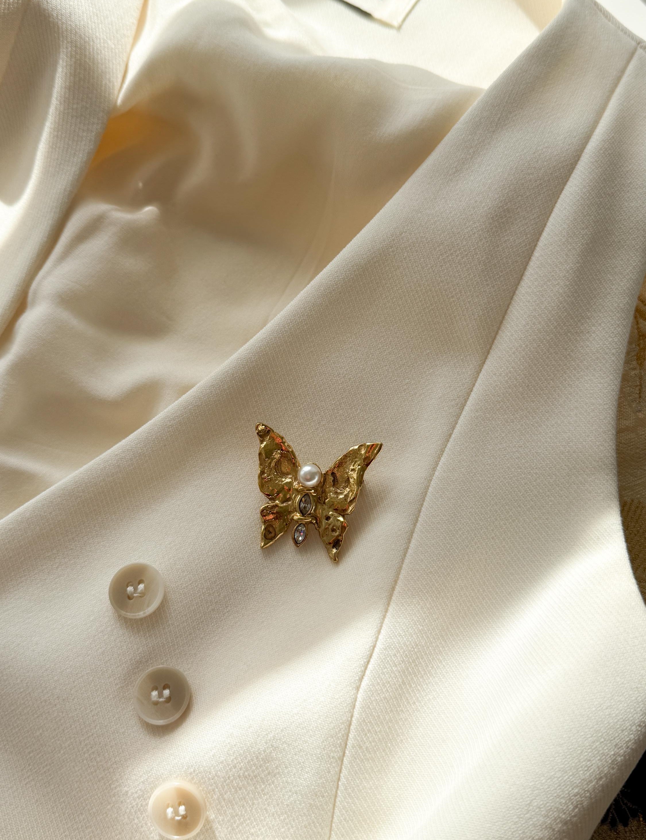 Authentic vintage YSL gold butterfly brooch, refined French designer jewelry with soft pearl detail