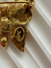 Vintage Yves Saint Laurent sculptural gold butterfly brooch, collectible couture piece with pearl and crystal accents