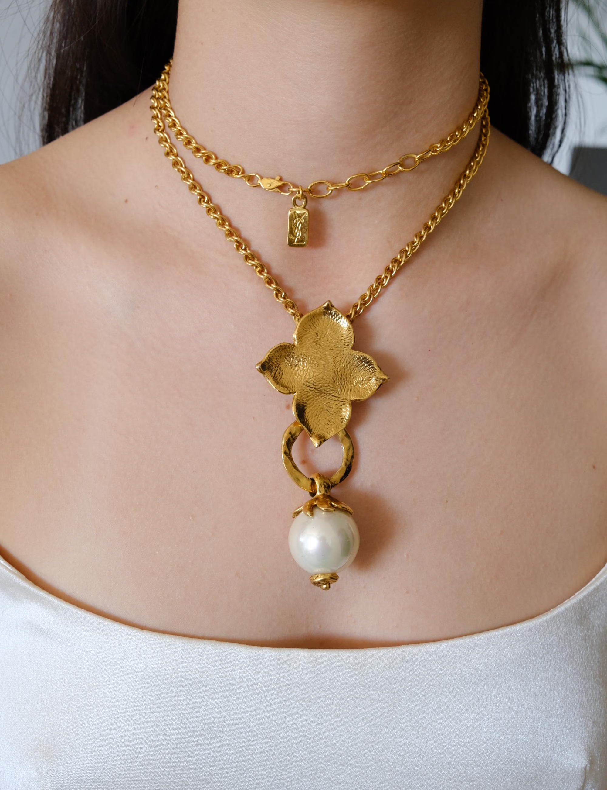 Vintage YSL Yves Saint Laurent gold clover faux pearl pendant long necklace