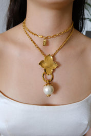 Vintage YSL Yves Saint Laurent gold clover faux pearl pendant long necklace