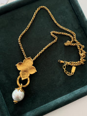 Vintage Yves Saint Laurent gold clover pearl pendant long necklace statement jewelry