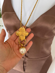 Vintage YSL long chain necklace with clover pearl pendant