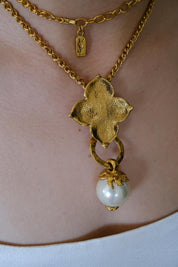 Vintage Yves Saint Laurent gold clover pearl pendant long necklace statement jewelry
