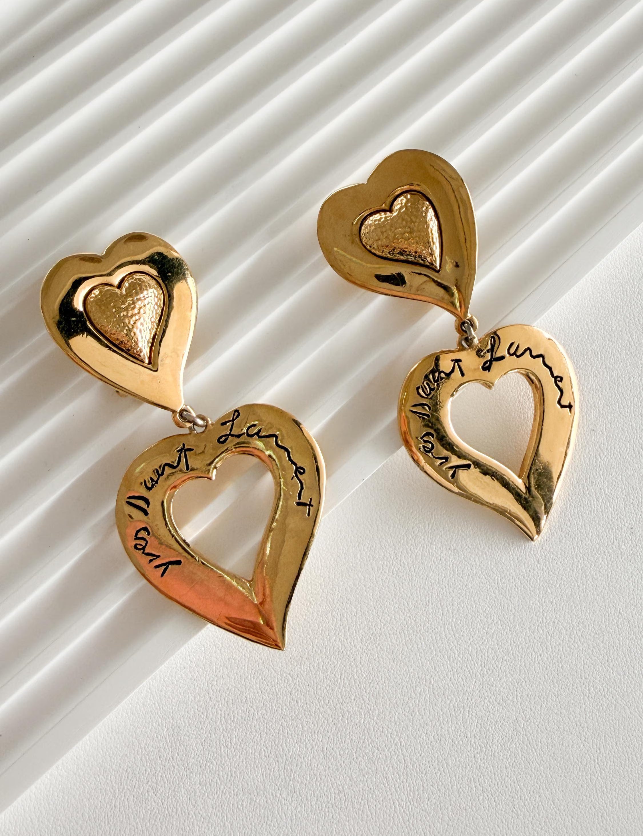 Authentic Vintage YSL Yves Saint Laurent gold double heart dangle clip-on earrings parisian statement
