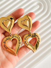 Vintage Yves Saint Laurent gold double heart dangle earrings romantic parisian style