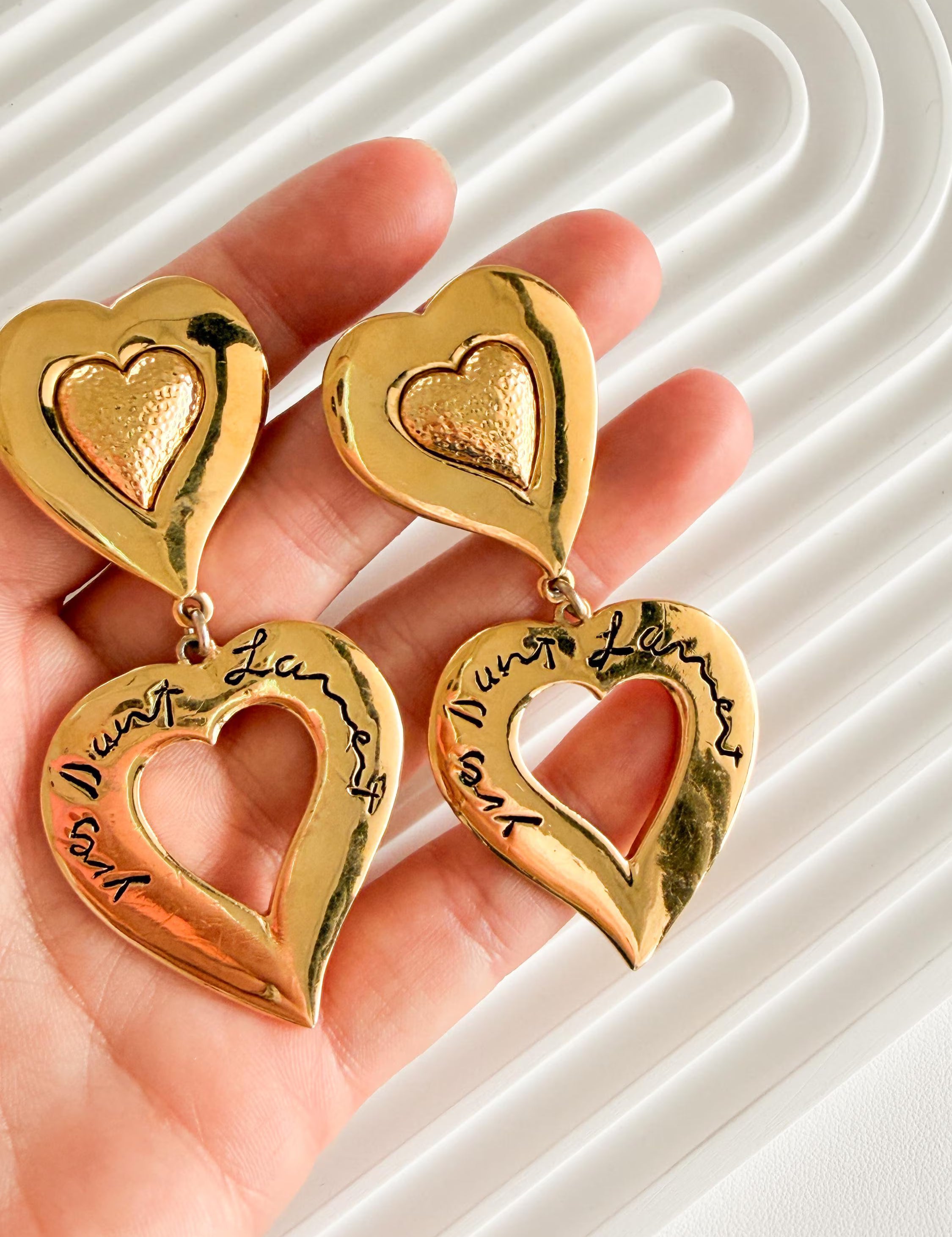 Vintage Yves Saint Laurent gold double heart dangle earrings romantic parisian style
