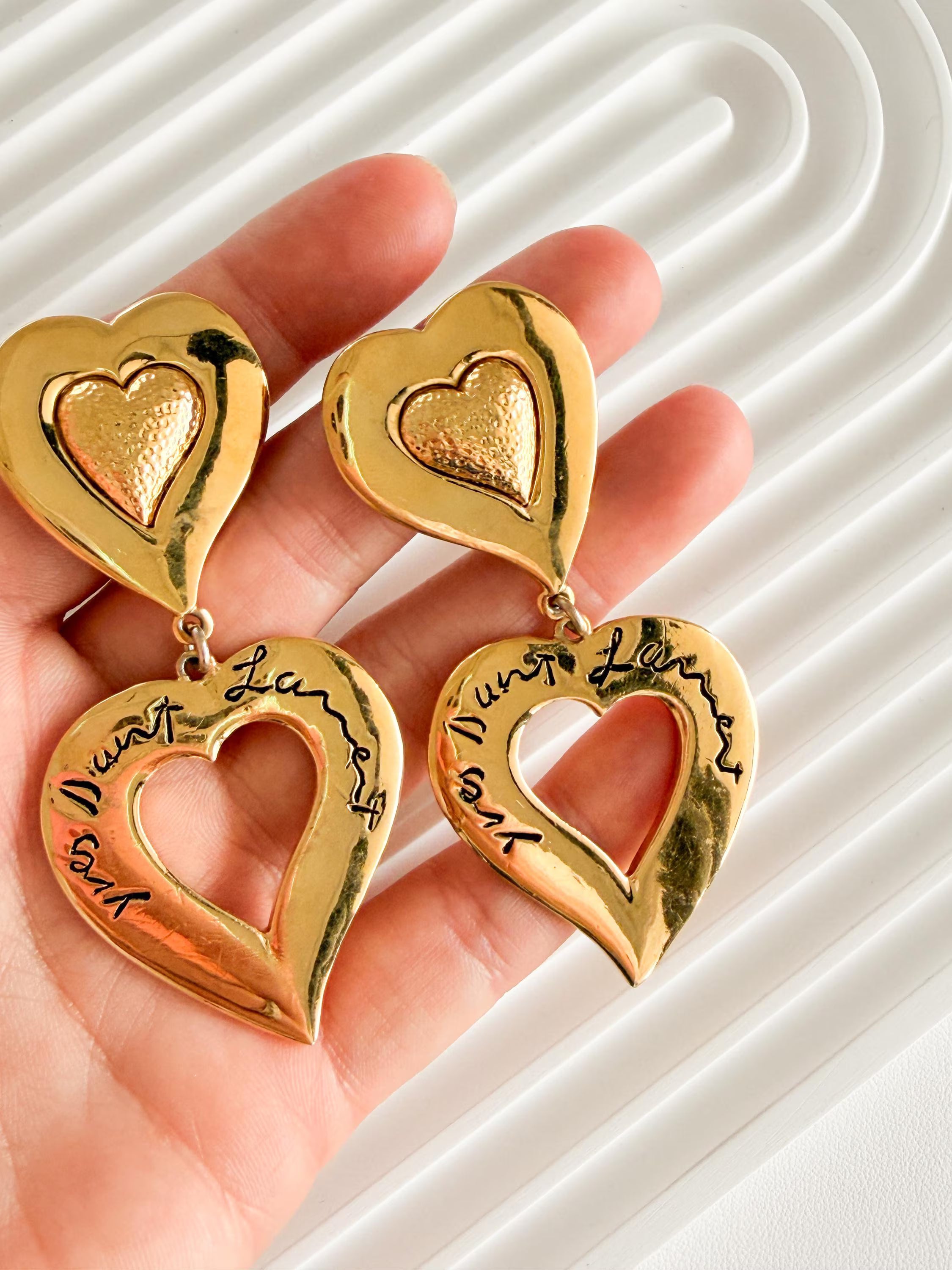 Vintage Yves Saint Laurent gold double heart dangle earrings romantic parisian style